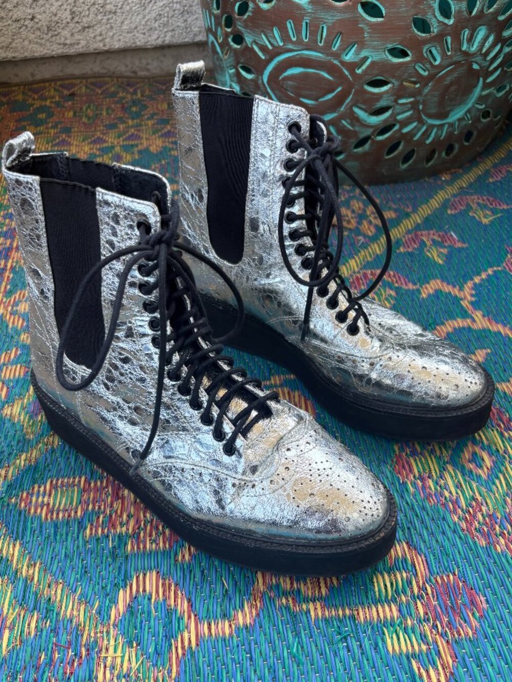 Shelley's London Silver Crinkle Lily Platform Wedge Ankle Boots